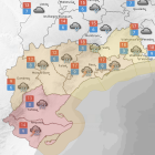 Mapa del Camp de Tarragona i les Terres de l'Ebre amb els avisos vermells i grocs.