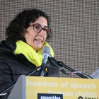 La número dos de la candidatura d'ERC, Marta Rovira, durant els parlaments al final de la manifestació del 7-D a Brussel·les.