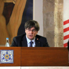 L'expresident Carles Puigdemont durant la roda de premsa a l'Alguer després de la vista al Tribunal d'Apel·lació de Sàsser, a Sardenya el 4 d'octubre del 2021.