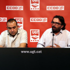 Els secretaris generals d'UGT i CCOO, Camil Ros i Javier Pacheco, en roda de premsa a la seu d'UGT.