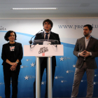 Els candidats de JxCAT a les eleccions europees Carles Puigdemont, Toni Comín, Clara Ponsatí, Gorka Knör i Erika Casajoana a Brussel·les.