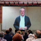 Imatge d'arxiu del cap de llista de JxCat a Barcelona, Quim Forn, durant la videoconferència des de la presó de Soto del Real al Mercat de Sant Antoni.