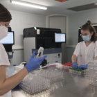 Imagen de personal de laboratorio analizando las pruebas PCR.