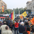 Manifestantes en Pla de Palau, cerca de la Estación de Francia, protestando por la llegada del rey Felipe VI a Barcelona.