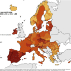 Mapa europeo sobre la tasa de notificaciones de casos COVID-19 de los últimos 14 días por cada 100.000 habitantes
