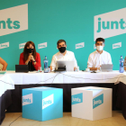 Plano conjunto de Anna Erra, Laura Borràs, Jordi Sànchez, Jordi Puigneró y Elsa Artadi en la reunión de la ejecutiva de JxCat.