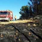 Un camión de Bombers en una zona quemada por el incendio en el Coll de l'Alba, en Tortosa.