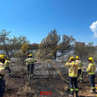 Els Bombers treballen en un incendi de vegetació al voral de l'AP-2 al Pla de Santa Maria.