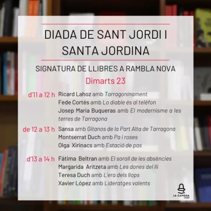 Signatura de llibres a la parada de La Capona a la Rambla Nova per Sant Jordi 2024.