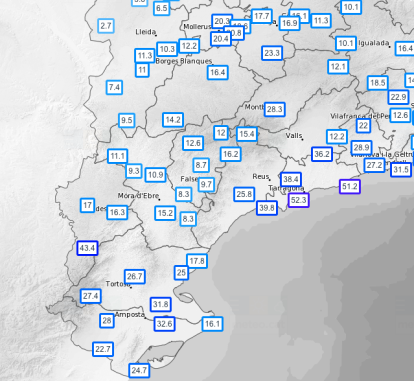 Imatge de les precipitacions registrades a la província de Tarragona durant el pas de la DANA.