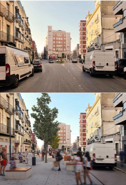 Comparació de la Plaça Prim actualment i la projecció que fa el PSC.