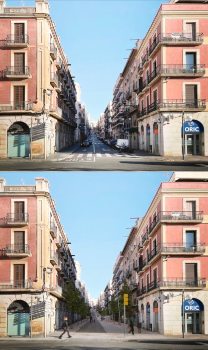 Comparació del final del carrer Apodaca, arribant a la plaça dels Carros actualment i en la projecció futura.