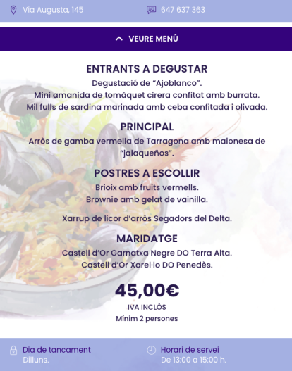 Menú de Casa Bartra en les Jornades Gastronòmiques de l'Arròs Mariner de Tarragona.