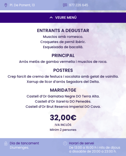 Menú del Restaurant Taranta en les Jornades Gastronòmiques de l'Arròs Mariner de Tarragona.