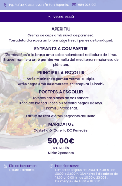 Menú del Selvático Wellness Food & Cocktails en les Jornades Gastronòmiques de l'Arròs Mariner de Tarragona.