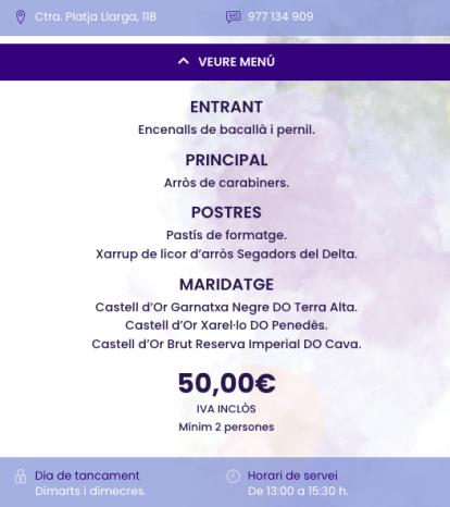 Menú del La Sardineta en les Jornades Gastronòmiques de l'Arròs Mariner de Tarragona.