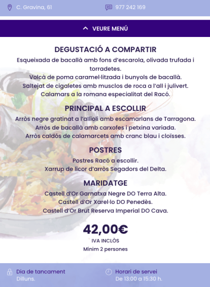 Menú del Restaurant Racó del Pescador en les Jornades Gastronòmiques de l'Arròs Mariner de Tarragona.