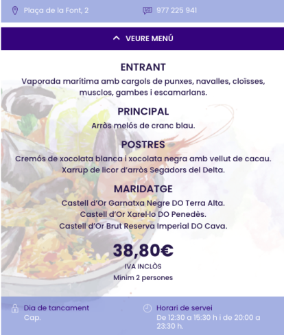 Menú del Quattros en les Jornades Gastronòmiques de l'Arròs Mariner de Tarragona.