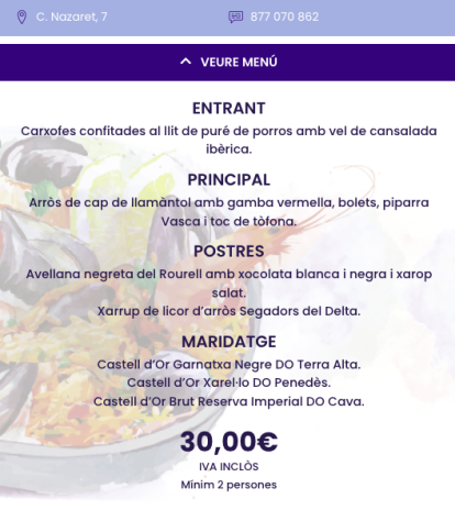 Menú La Morada en les Jornades Gastronòmiques de l'Arròs Mariner de Tarragona.