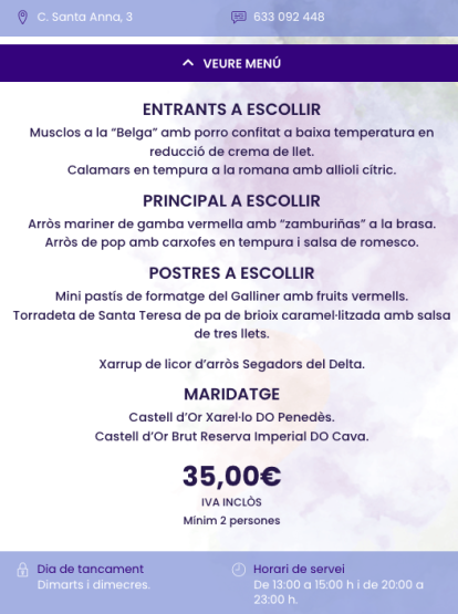 Menú d'El Galliner de l'Antiquari a en les Jornades Gastronòmiques de l'Arròs Mariner de Tarragona.