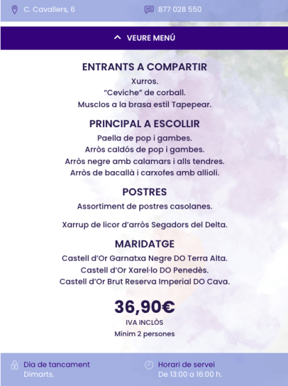 Menú del Tapear a en les Jornades Gastronòmiques de l'Arròs Mariner de Tarragona.