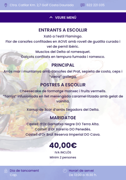 Menú del Flamingo a en les Jornades Gastronòmiques de l'Arròs Mariner de Tarragona.