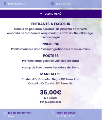 Menú del Nàutic de Tarragona a en les Jornades Gastronòmiques de l'Arròs Mariner de Tarragona.