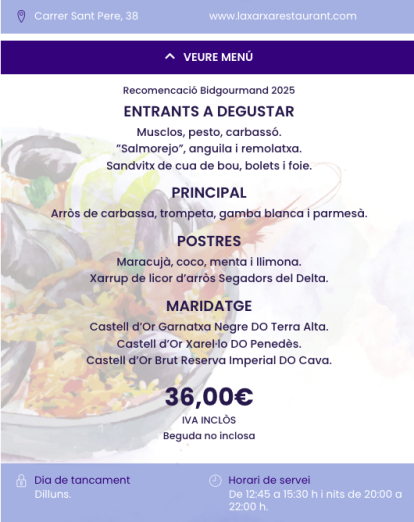 Menú de la Xarxa a en les Jornades Gastronòmiques de l'Arròs Mariner de Tarragona.