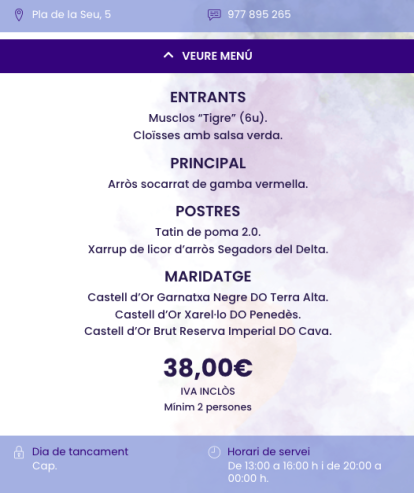 Menú de la Casa Balcells en les Jornades Gastronòmiques de l'Arròs Mariner de Tarragona.