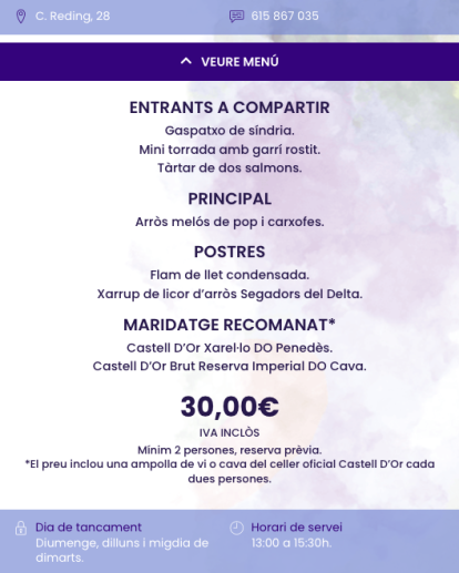 Menú de La Malcriada en les Jornades Gastronòmiques de l'Arròs Mariner de Tarragona.