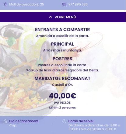 Menú del Pòsit del Serrallo en les Jornades Gastronòmiques de l'Arròs Mariner de Tarragona.