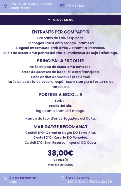 Menú del Restaurant Brisa en les Jornades Gastronòmiques de l'Arròs Mariner de Tarragona.