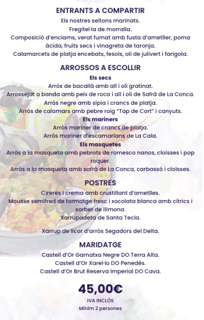 Menú del Llagut en les Jornades Gastronòmiques de l'Arròs Mariner de Tarragona.
