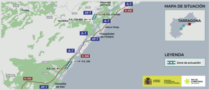 Mapa on s’indiquen els trams de l’AP-7 en els quals es realitzarà l’actuació.