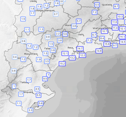 Imatge de les precipitacions acumulades a les comarques tarragonines el matí d'aquest dimarts.