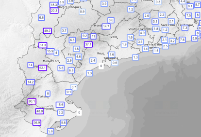 Imagen de las precipitaciones acumuladas en la demarcación de Tarragona a las 19h de la tarde.