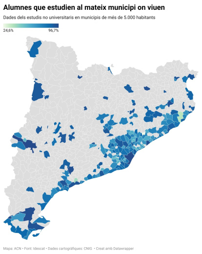 Mapa con la proporción de alumnos no universitarios que estudian al mismo municipio donde viven