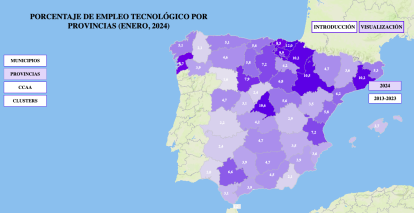 Imagen del mapa español de empleo tecnológico por provincias.