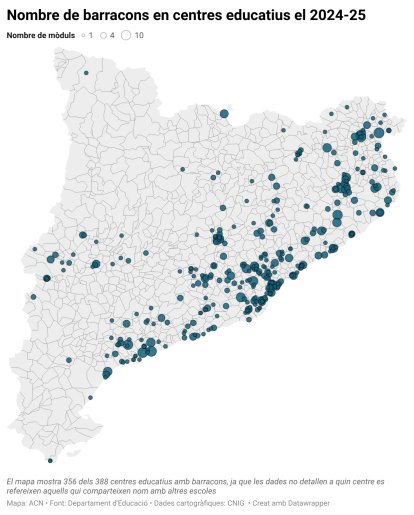 Mapa con la localización de cada centro escolar con módulos prefabricados durante el curso 2024-25