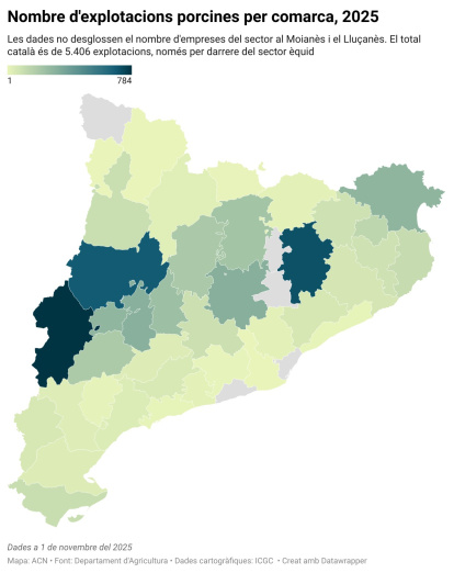 Mapa amb el nombre d'explotacions porcines per comarca