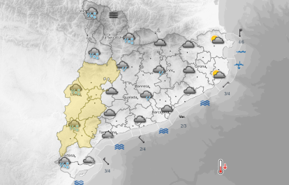 Mapa del Servei Meteorològic de Catalunya (Meteocat) amb la previsió de nevades a Tarragona diumenge a la tarda.