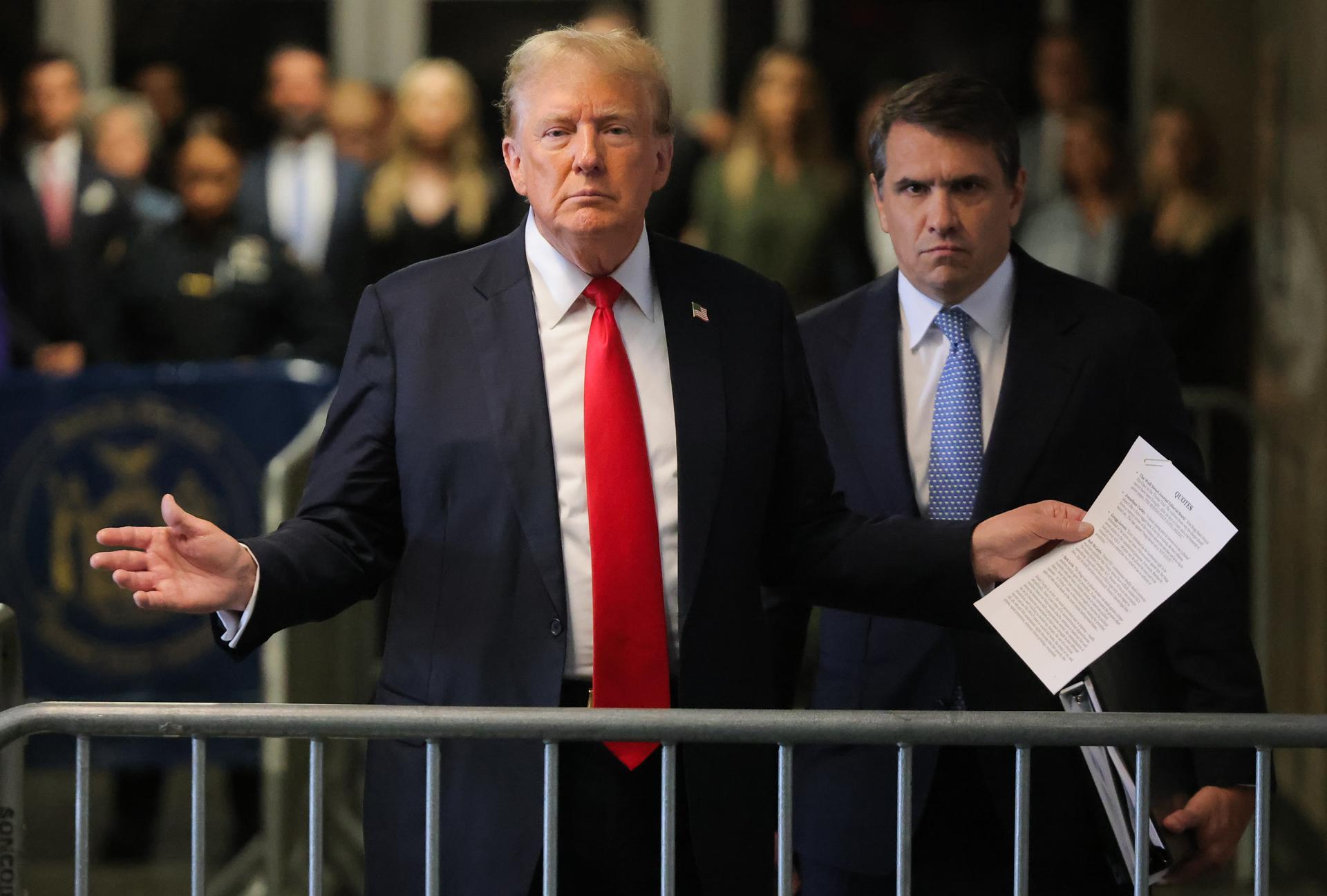 Republican presidential candidate and former US President Donald Trump arrives for trial in the New York State Supreme Court