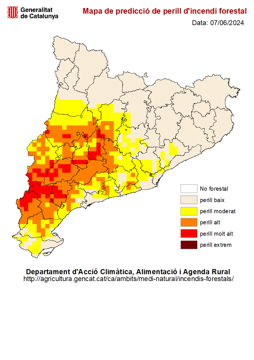 Imatge del risc d'incendi als municipis del sud de Catalunya.